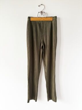 Pleats Please Issey Miyake Olive Green Pleated Straight Leg Pants - Japan Size 3
